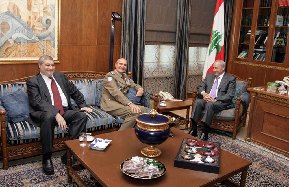 Head of Mission Major General Paolo Serra and Acting Deputy Head of Mission and Director of Political and Civil Affairs, Mr. Karen Tchalian meet Lebanese Speaker of Parliament Nabih Berri.
