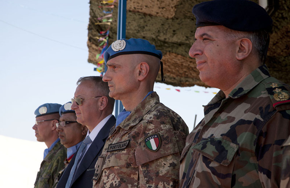 Major-General Luciano Portolano, UNIFIL Force Commander and Head of Mission, with Lebanese military and UNIFIL officials during medal parade ceremony at Nepbatt Headquarters in Meiss El-Jabel, south Lebanon.