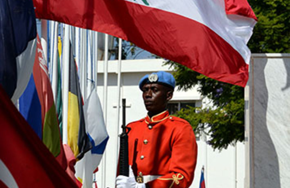 Raising of the flags of the UN, Lebanon and the 38 UNIFIL troop contributing countries at a ceremony marking International Day of Peace - UNIFIL HQ in Naquora.