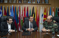 Minister of Social Affairs Mr. Wael Abou Faour (left), UNIFIL Deputy Head of Mission Mr. Milos Strugar (center) and LAF Major General Abdul Rahman Shehaitly speaking before the signature of the Memorandum of Understanding.
