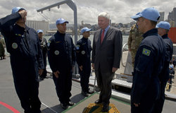Under Secretary-General for Peacekeeping Operations Mr. Herve Ladsous visits UNIFIL's Maritime Task Force on the flagship 'Constituicao' in Beirut harbor.