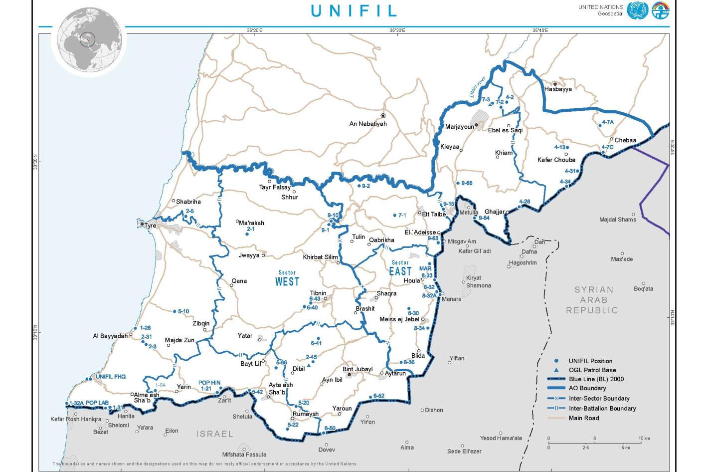 A map detailing the region where UNIFIL operates.