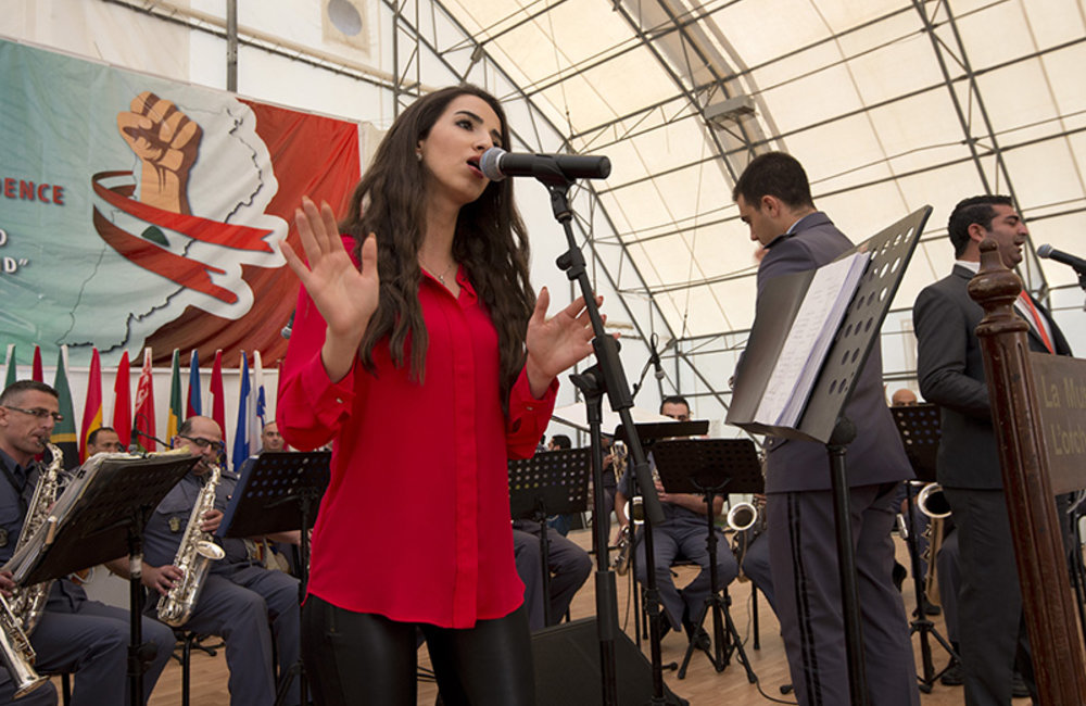 The Lebanese Internal Security Forces Music Orchestra performing during the ceremony to commemorate the Lebanese Independence Day, at UNIFIL Headquarters in Naqoura.
