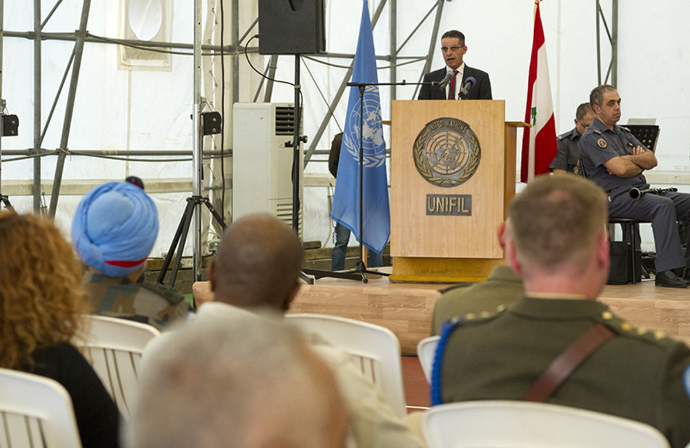 Maroum Diab, Chairperson of the National Staff Union, addressing the audience during the celebration of the Lebanese Independence Day at UNIFIL Headquarters in Naqoura, South Lebanon.