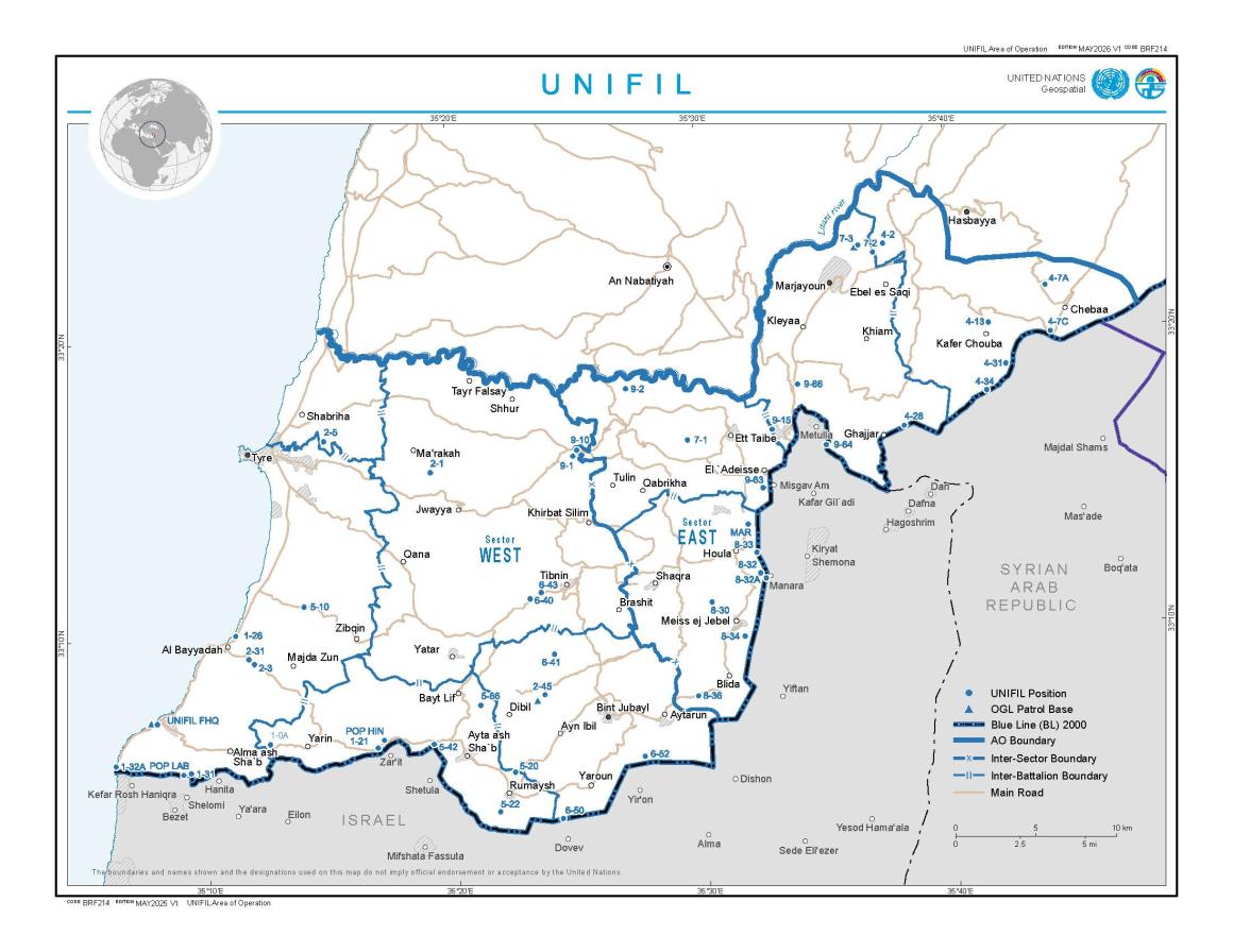 A map detailing the region where UNIFIL operates.