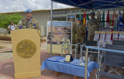 Force Commander and Head of Mission Major-General Paolo Serra during his speech at the donation ceremony of medical assistance kits.