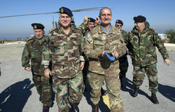 UNIFIL Head of Mission & Force Commander Major-General Paolo Serra receiving Lebanese Armed Forces General Jean Kahwagi at UNIFIL heliport.