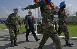 Officer-in-Charge of UNIFIL, Mr. Karen Tchalian, and UNIFIL Acting Force Commander Brigadier-General Patrick Phelan leaving the cenotaph at the end of the ceremony.