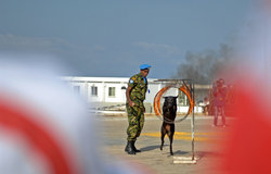 A Dog trained in detecting explosive materials from UNIFIL’s Sri Lankan battalion performing acrobatic moves during the International Day of Mine Awareness at UNIFIL HQ in Naqoura.