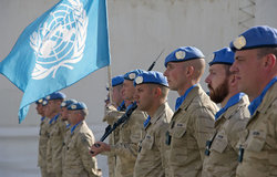 Belgian troops at the ceremony at At Tiri marking their departure from south Lebanon.